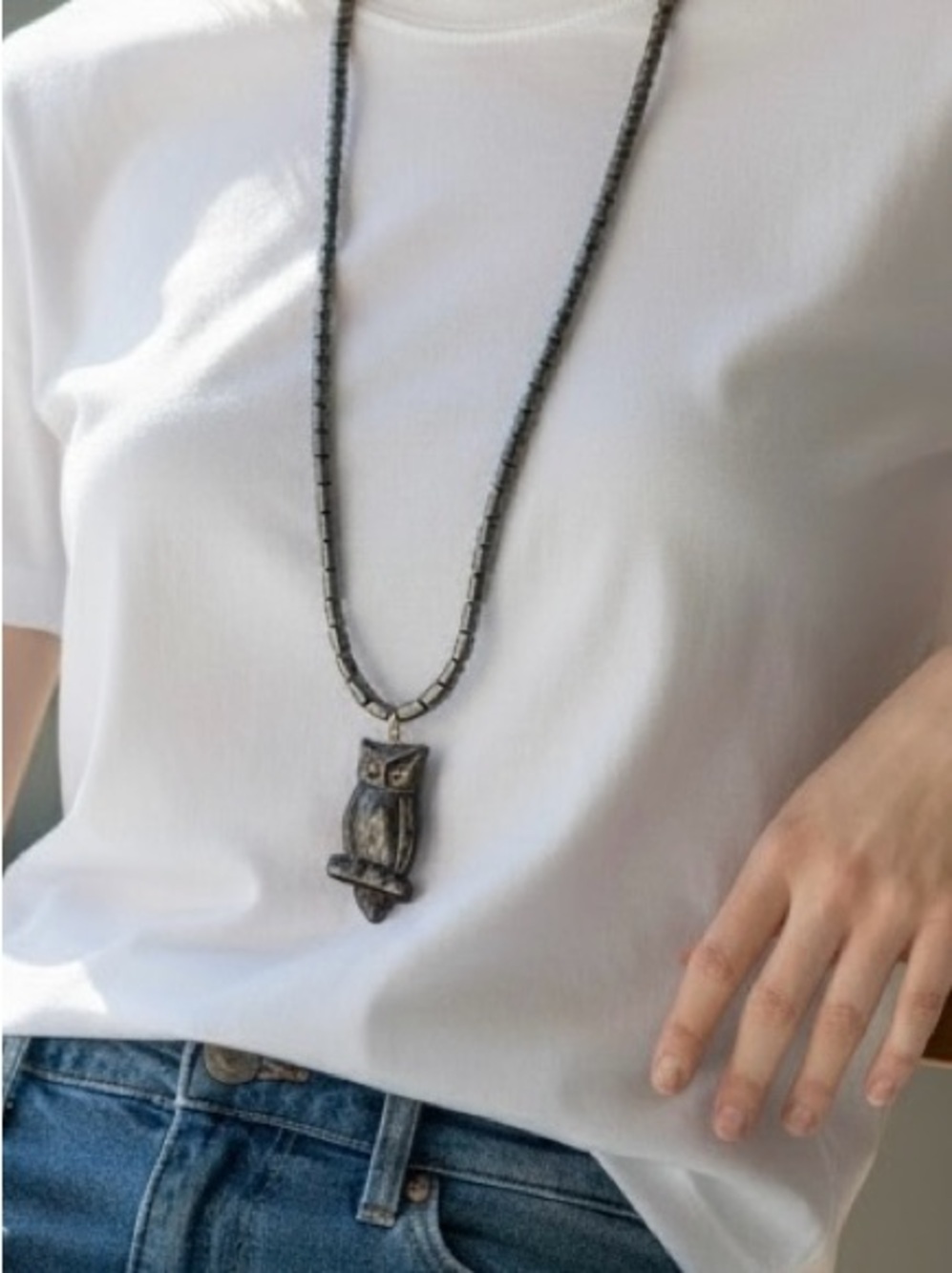 Hematite beaded necklace with owl pendant
